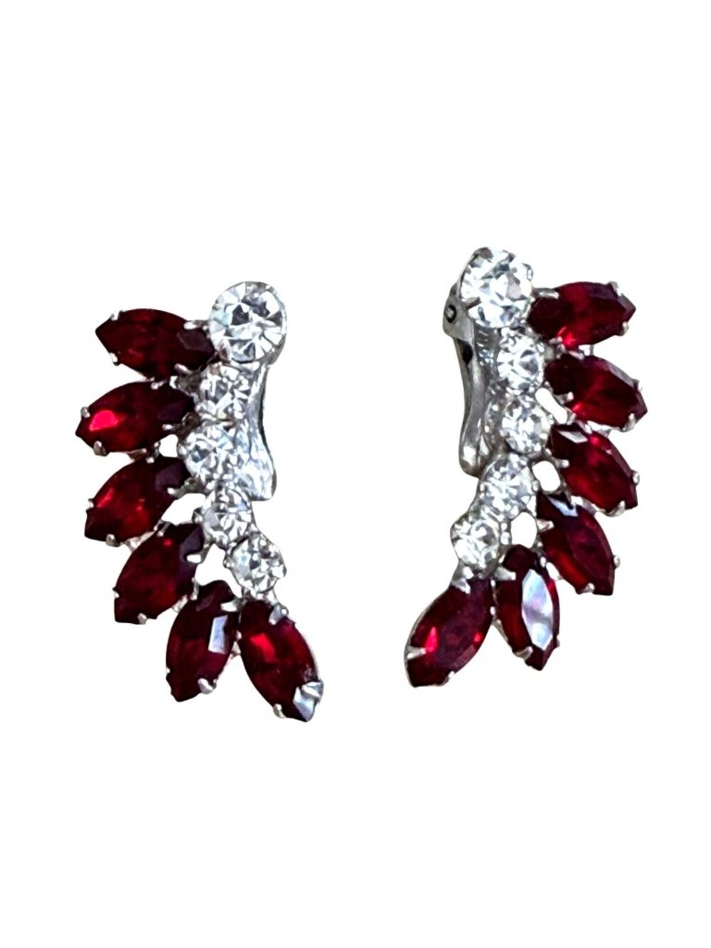 David Sigal Clip Earrings Silver Tone Red Marquise Clear Stones Signed Vintage - Picture 4 of 9